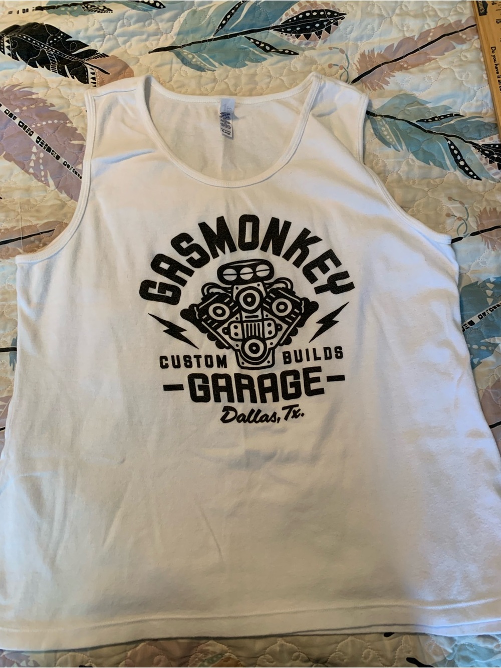 Women’s White Tank Top with Black GasMonkey Garage Graphic